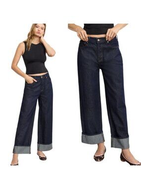 NEW Good American Good Standard Low-Rise Baggy Cuffed Jeans Dark Wash Size: 12
